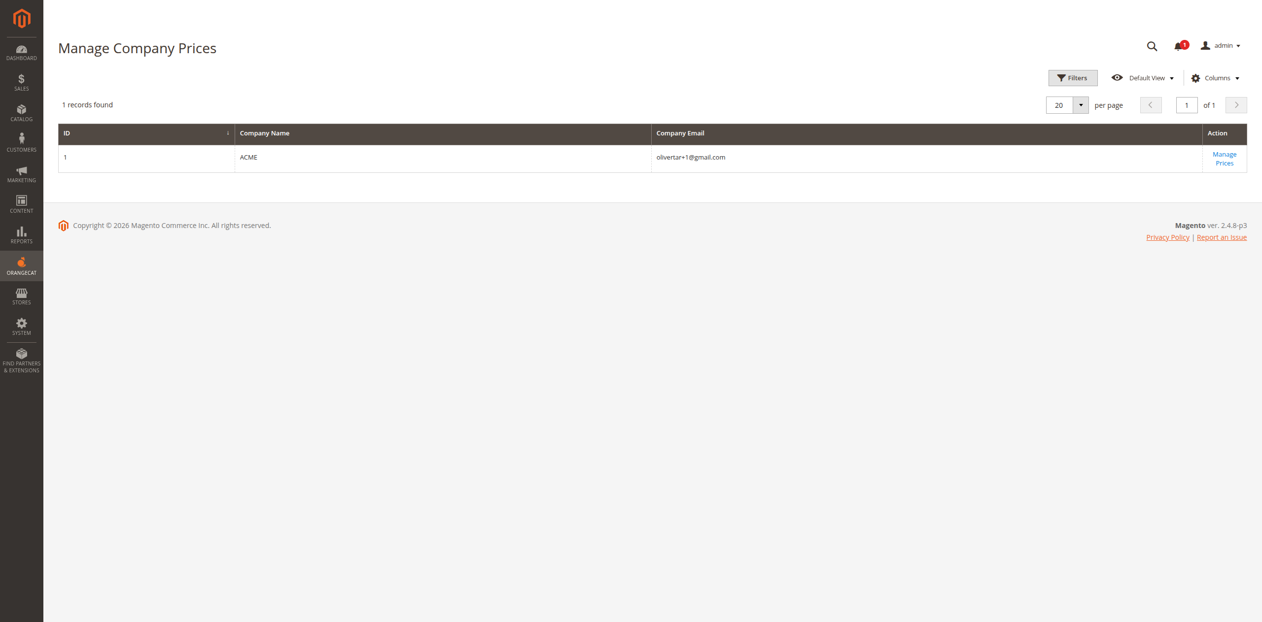 Cuadrícula de precios de empresa