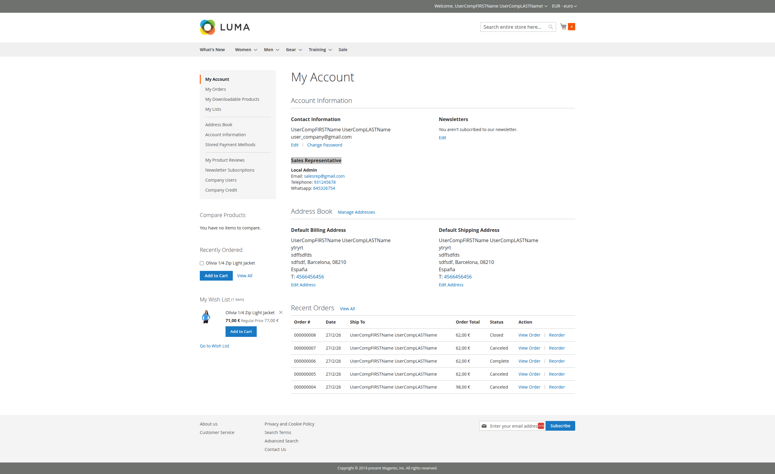 Información del Representante de Ventas en el Dashboard
