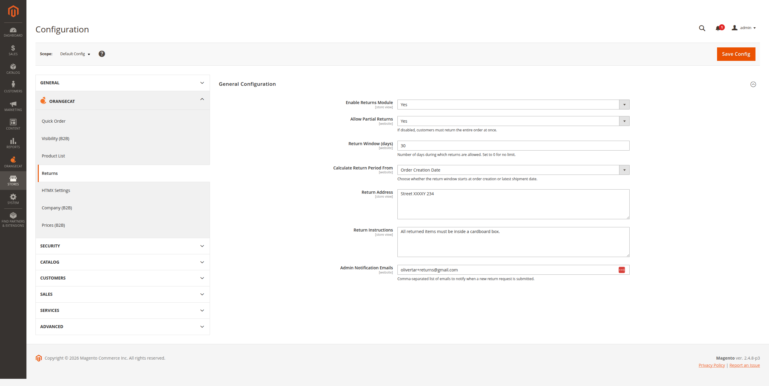 Configuración de Devoluciones