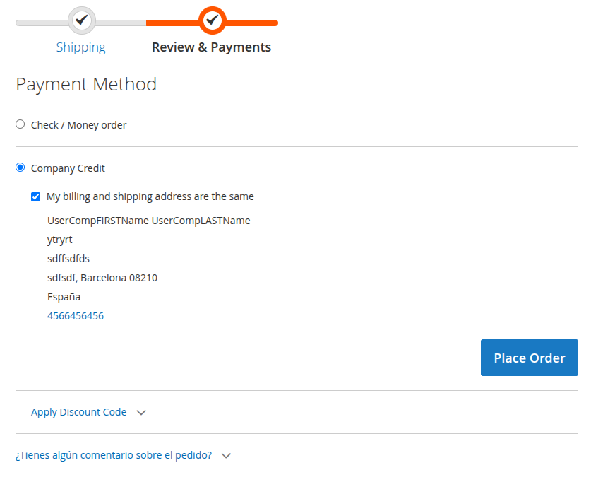 Company Credit payment method at checkout