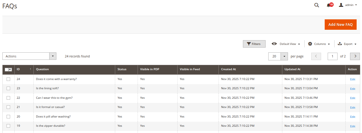 Listado de FAQs en Admin